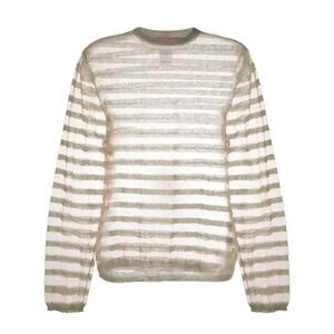 Eckhaus Latta Designer Semi Sheer Stripe Linen Knit Sweater Medium Beige Luxury